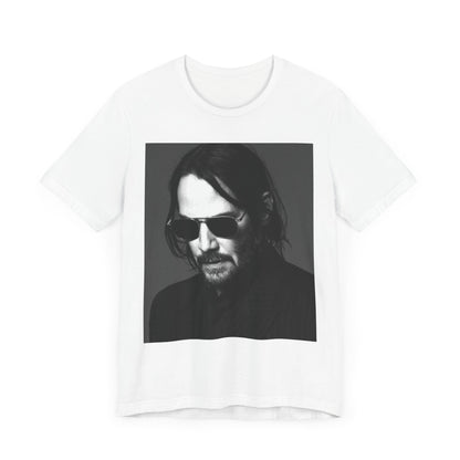 A black graphic t-shirt featuring a graphic of Keanu Reeves with a rebel spirit aesthetic.