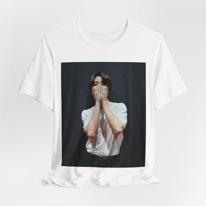 A black graphic t-shirt featuring a graphic of Jimin designed for everyday K-Pop style.