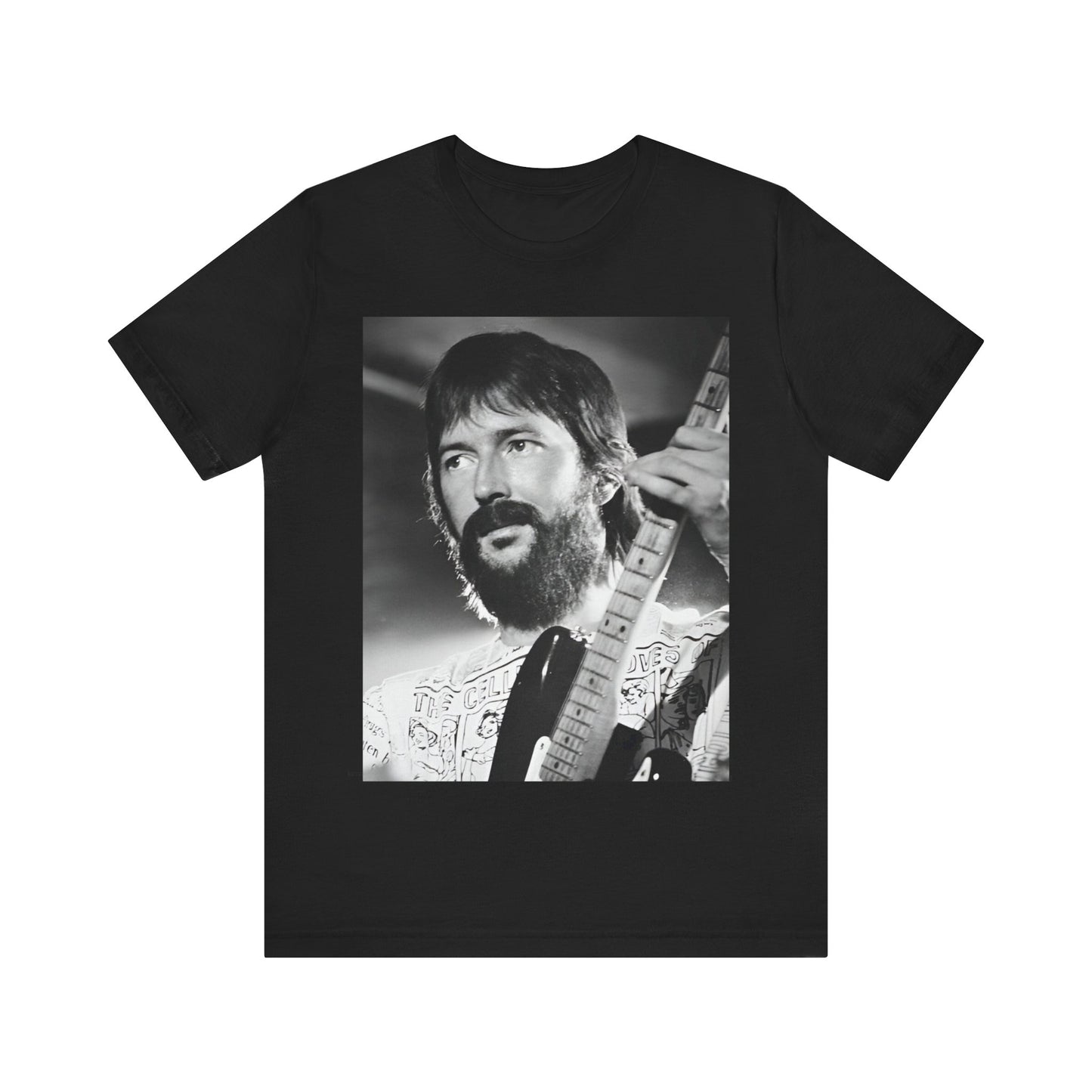 A black graphic t-shirt featuring a graphic of Eric Clapton as an authentic guitar god.