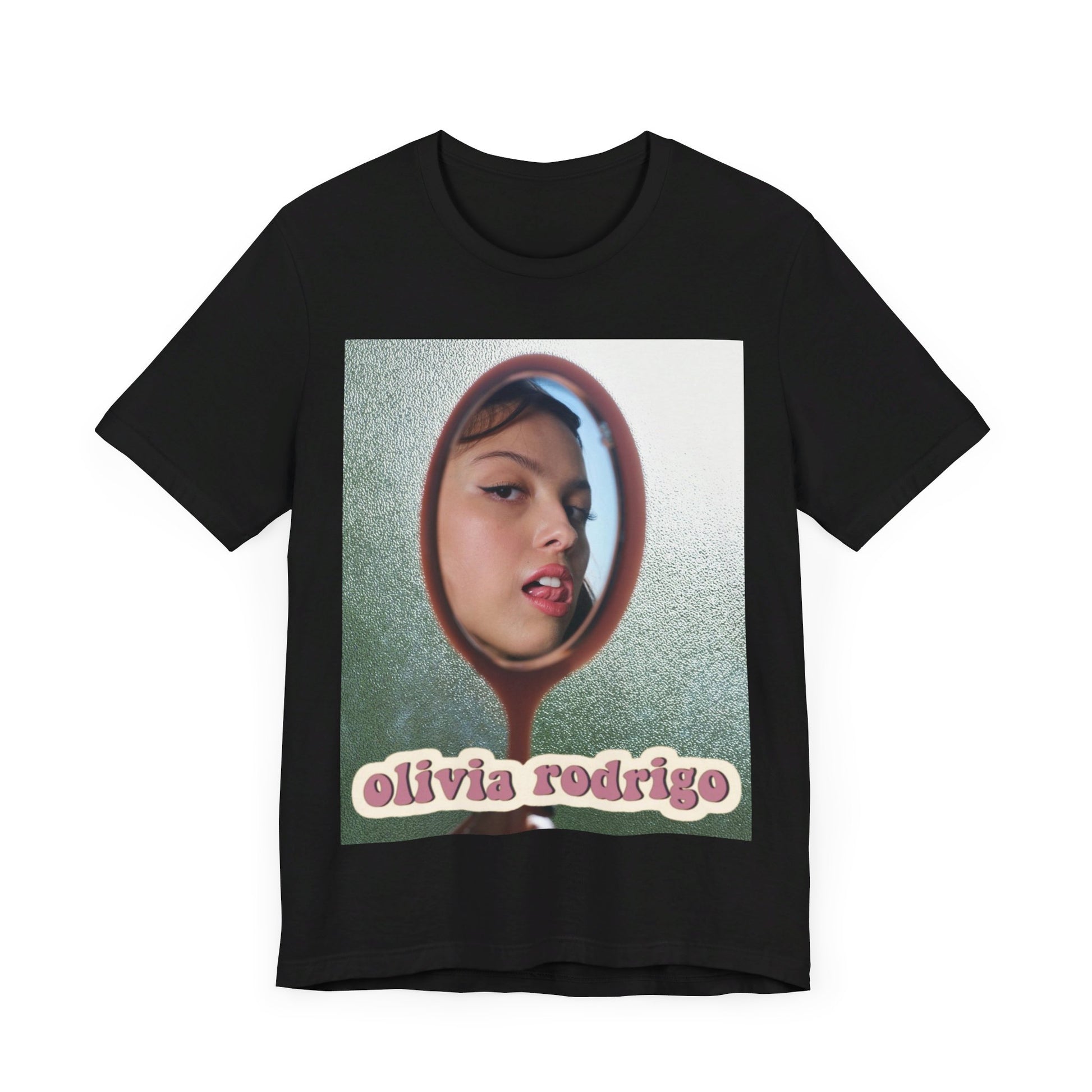 A black graphic t-shirt featuring a Y2K pop aesthetic graphic of Olivia Rodrigo.