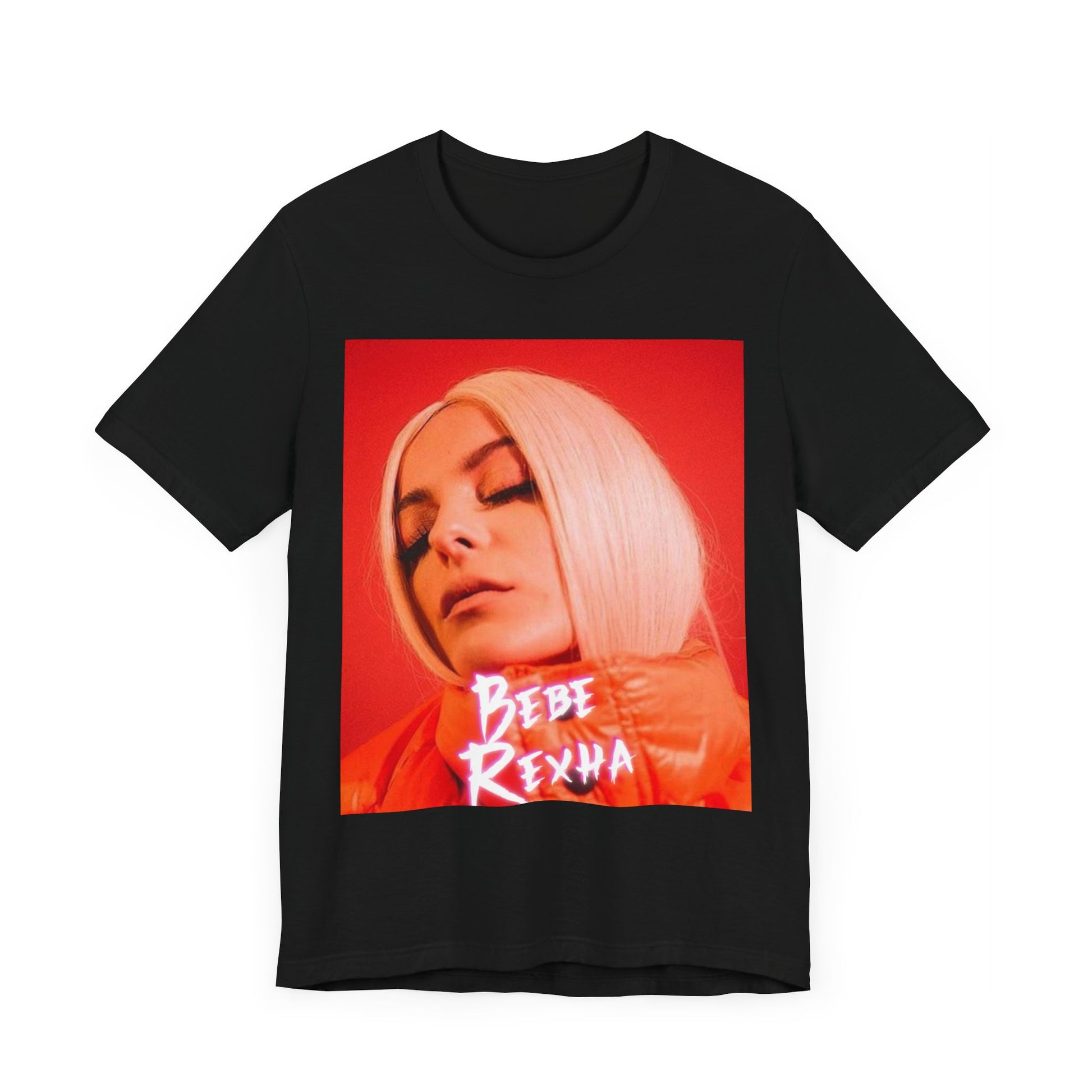 A black graphic t-shirt featuring a graphic of Bebe Rexha, designed with a glamorous or dazzling aesthetic.