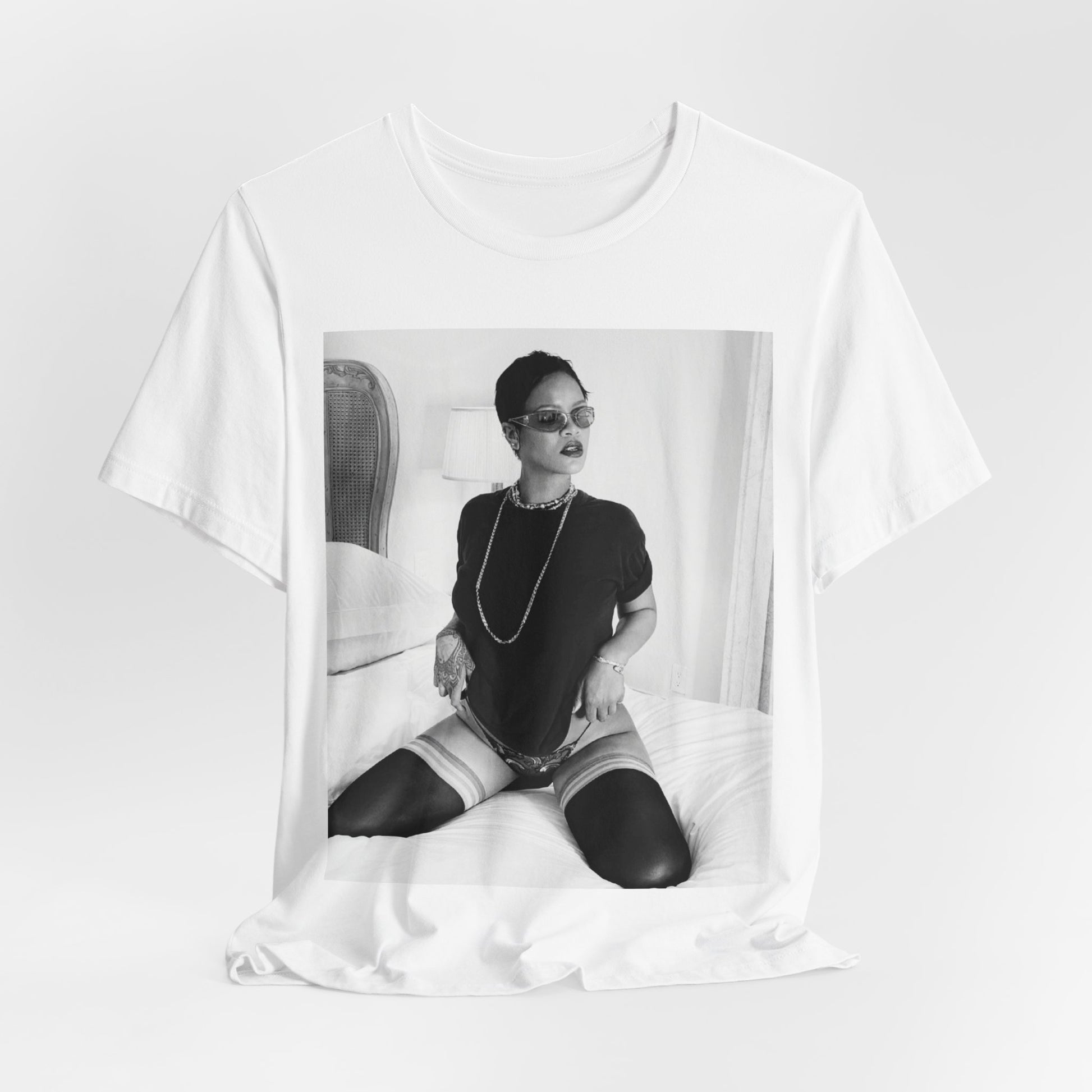 A black graphic t-shirt featuring a black and white graphic related to Rihanna's 'Diamonds' song or era.