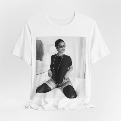 A black graphic t-shirt featuring a black and white graphic related to Rihanna's 'Diamonds' song or era.