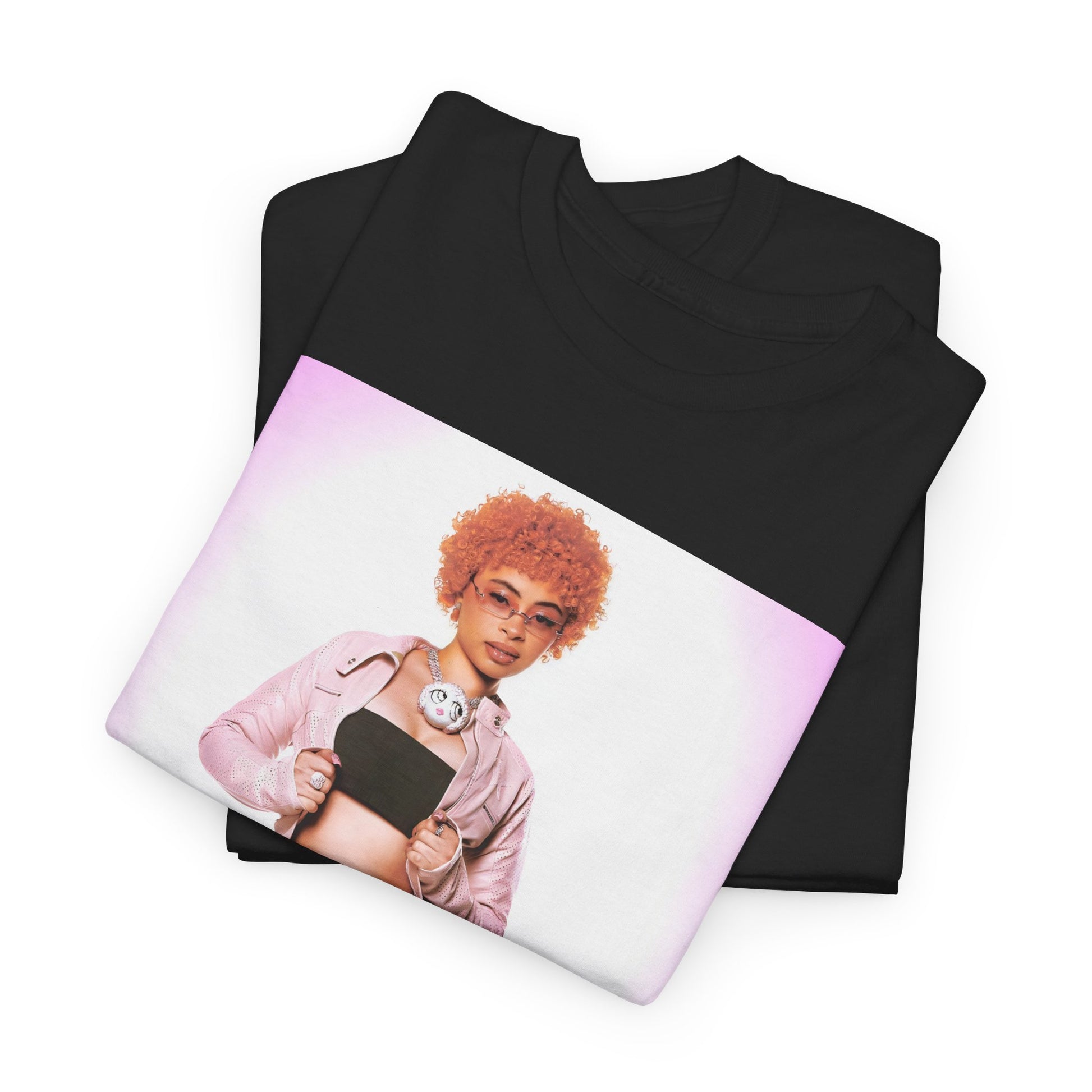 A black graphic t-shirt featuring a graphic of Ice Spice with prominent neon pink aesthetic elements.