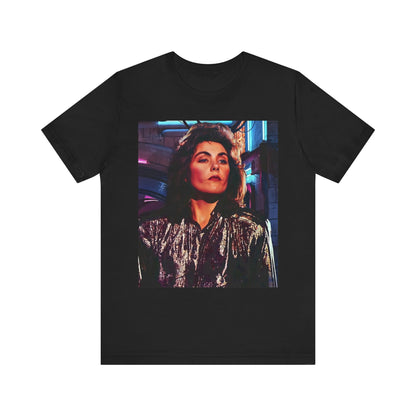 A black graphic t-shirt featuring an 80s synth pop aesthetic graphic of Laura Branigan.