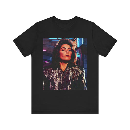 A black graphic t-shirt featuring an 80s synth pop aesthetic graphic of Laura Branigan.