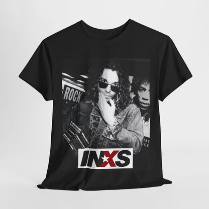 A black graphic t-shirt featuring a black and white, monochrome graphic or photo of INXS.