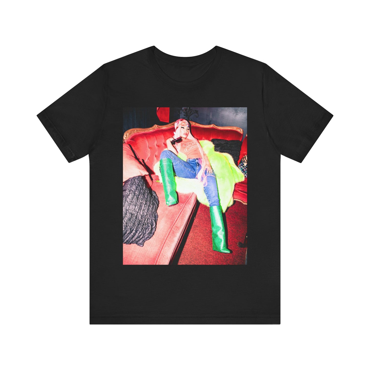A black graphic t-shirt featuring a retro graphic related to Nicki Minaj's 'Pink Friday' album era.