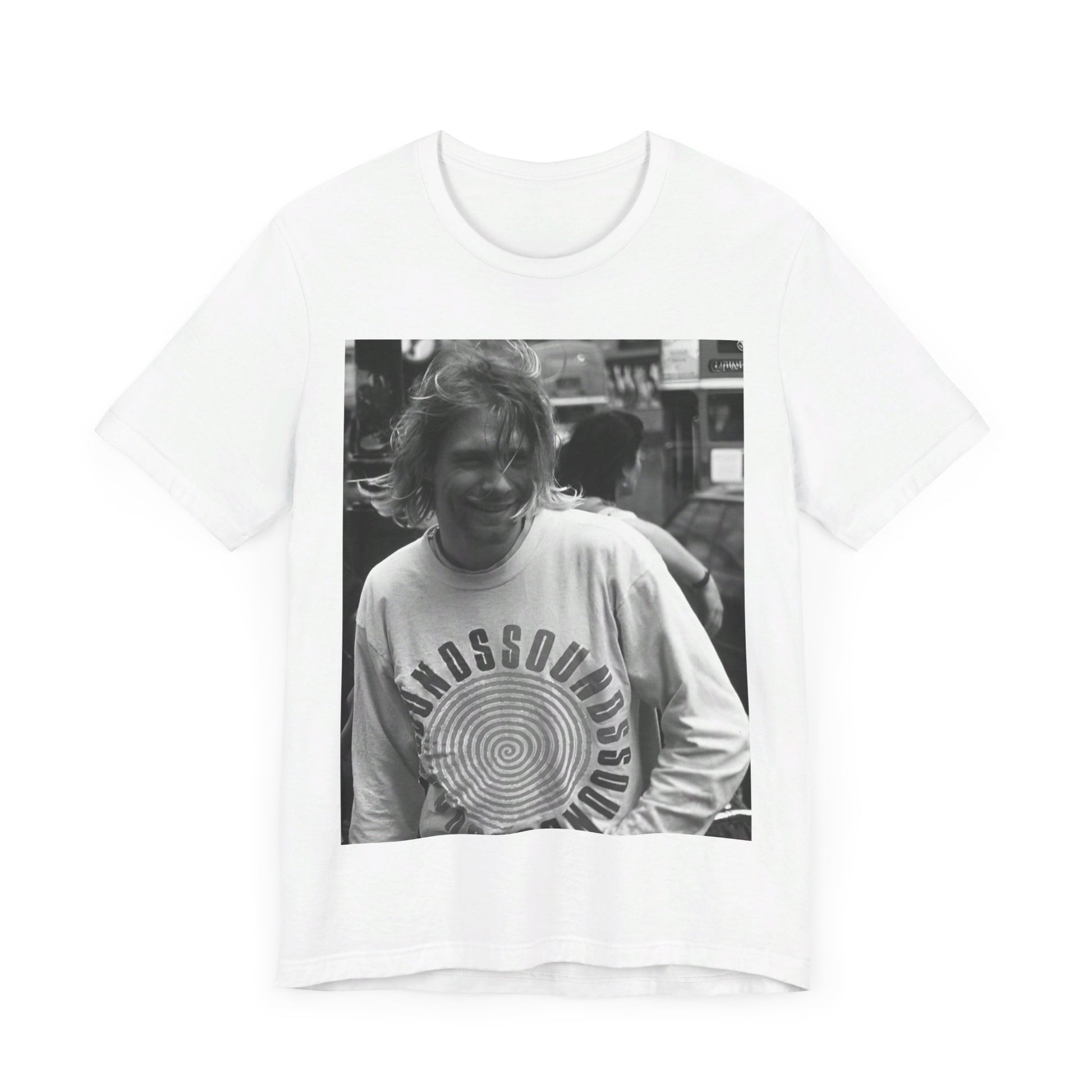 A black graphic t-shirt featuring a vintage rock legends graphic of Nirvana.