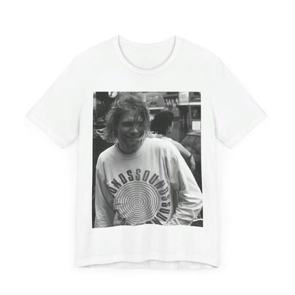A black graphic t-shirt featuring a vintage rock legends graphic of Nirvana.