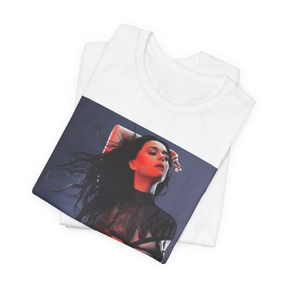A black graphic t-shirt featuring a dreamy pop fantasy graphic of Katy Perry.