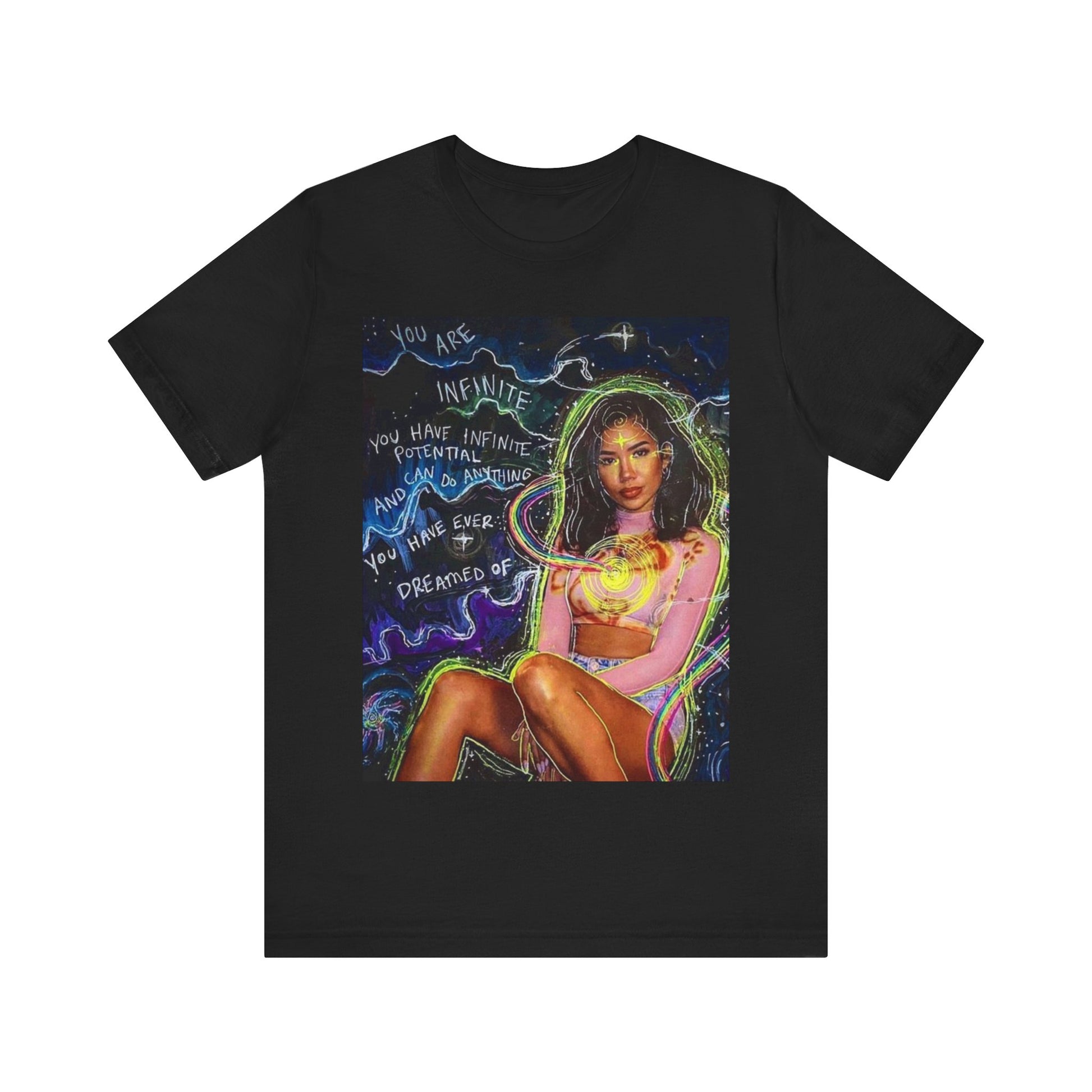 A black graphic t-shirt featuring a bold graphic of Jhene Aiko as an R&B superstar.