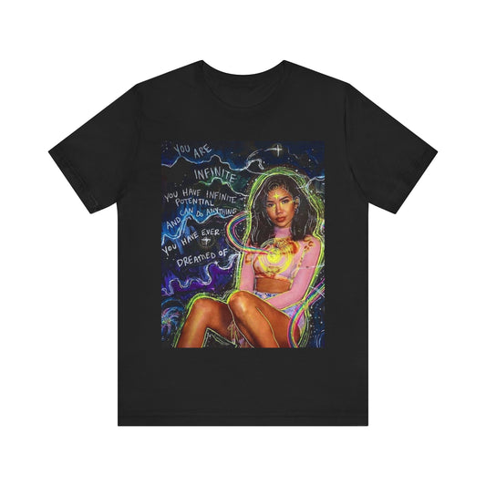 A black graphic t-shirt featuring a bold graphic of Jhene Aiko as an R&B superstar.