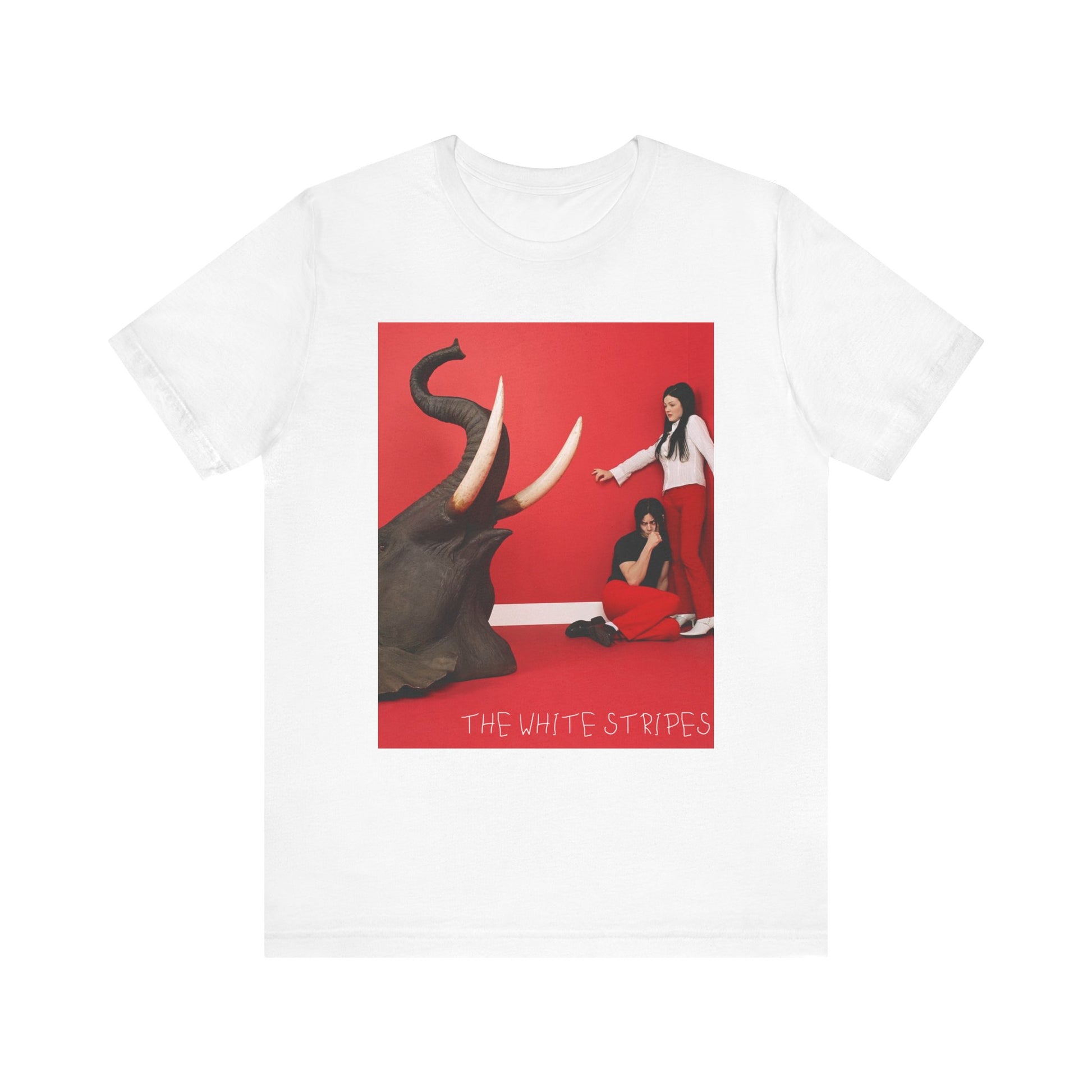 A black graphic t-shirt featuring a graphic related to The White Stripes' 'Elephant' album.