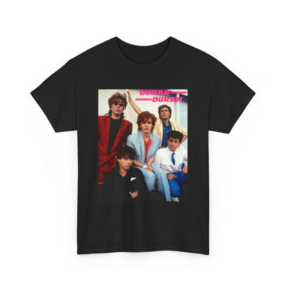 A black graphic t-shirt featuring a graphic of Duran Duran as 80s new wave pioneers.