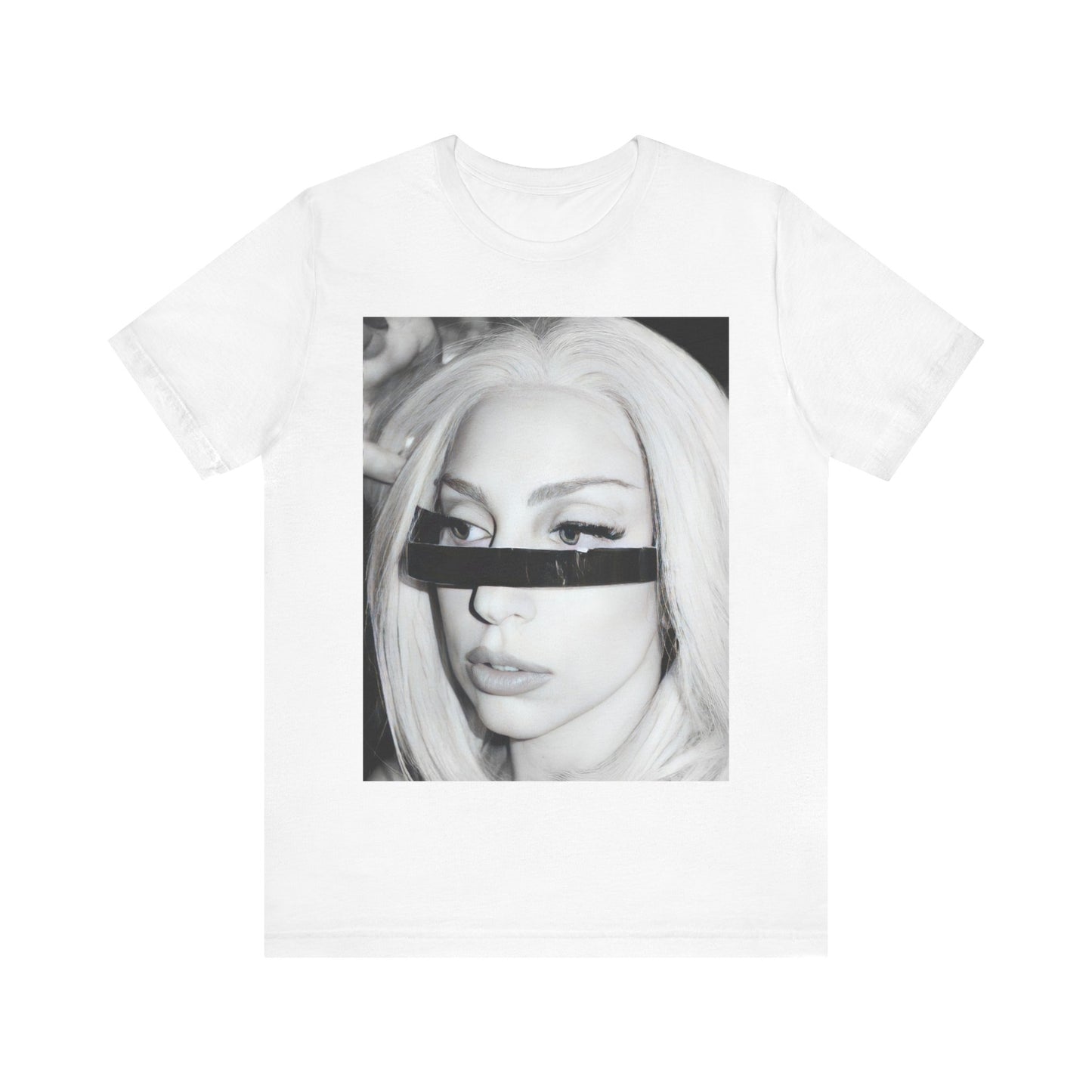 A black graphic t-shirt featuring a black and white graphic or photo of Lady Gaga in a backstage setting.