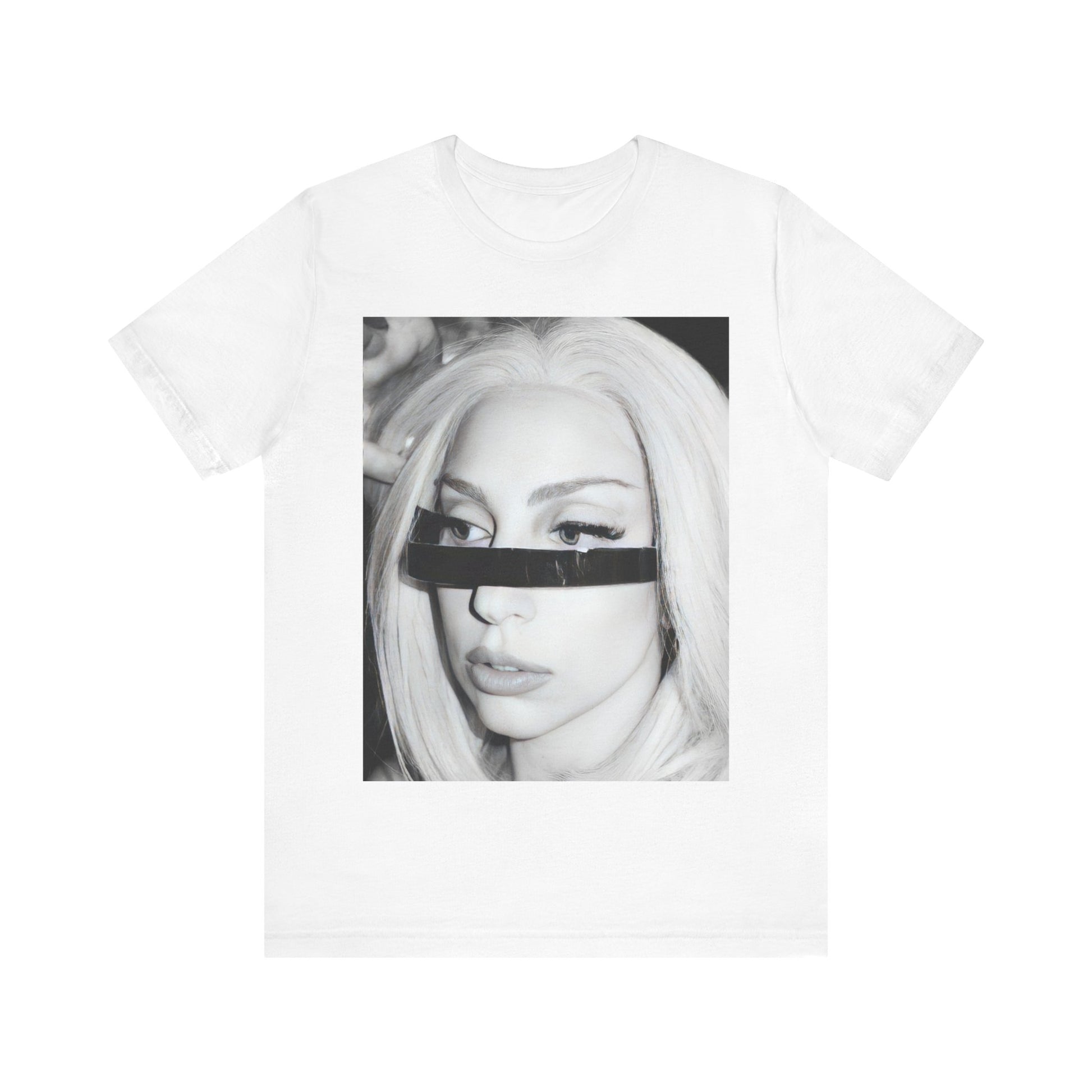 A black graphic t-shirt featuring a black and white graphic or photo of Lady Gaga in a backstage setting.