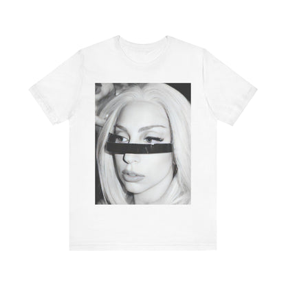 A black graphic t-shirt featuring a black and white graphic or photo of Lady Gaga in a backstage setting.
