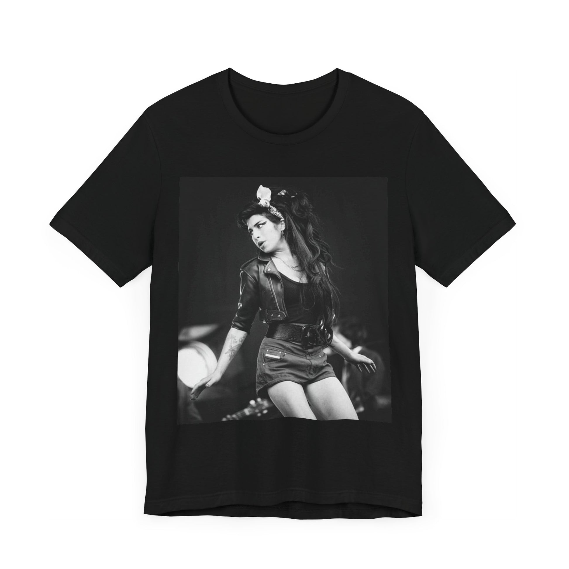 A black graphic t-shirt featuring a graphic related to Amy Winehouse's 'Frank' album era from 2003, possibly with early portrait imagery.