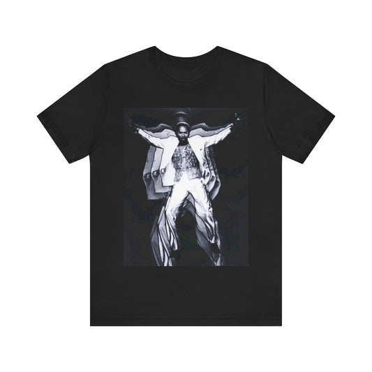 A black graphic t-shirt featuring a 70s aesthetic graphic of Marvin Gaye.