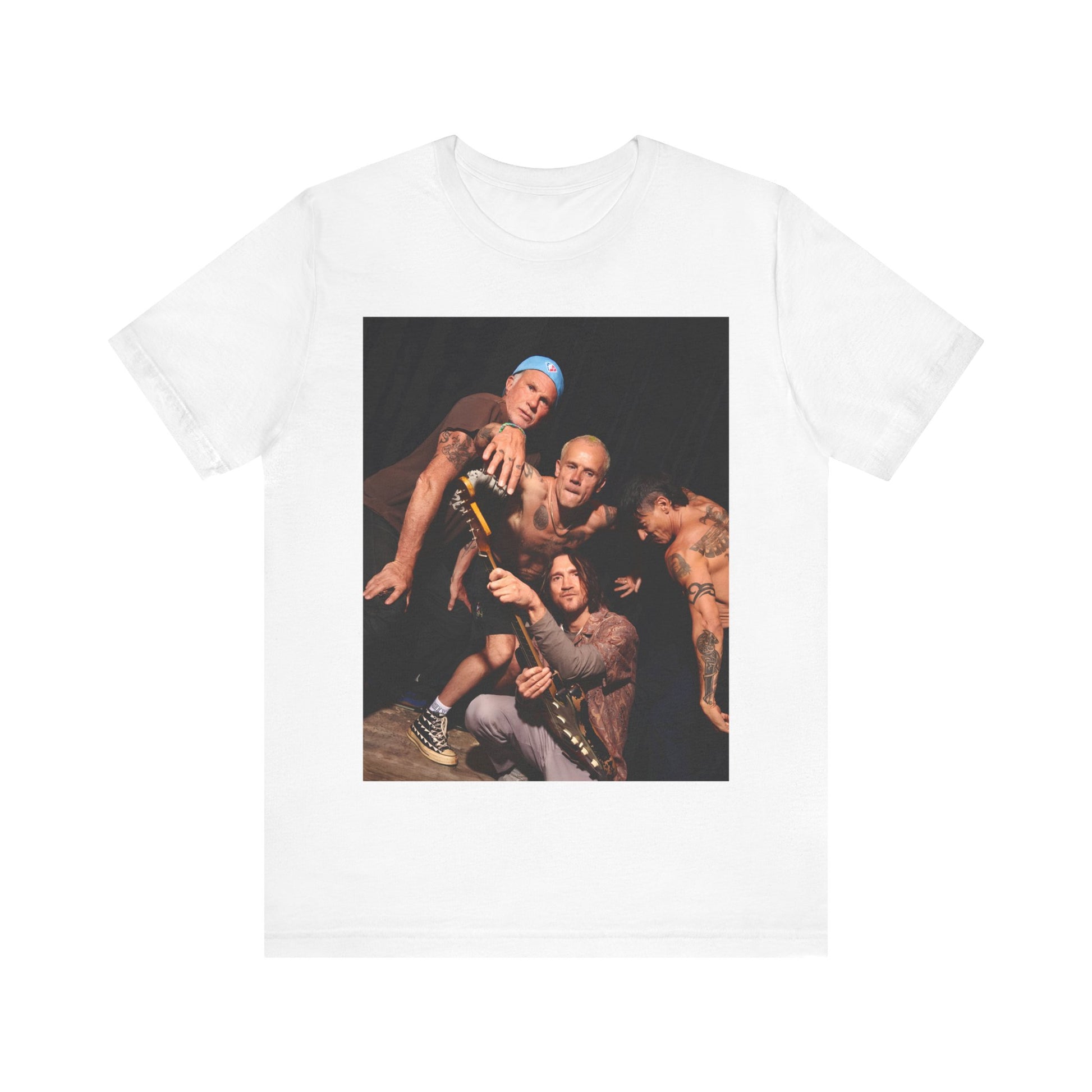 A black graphic t-shirt featuring a psychedelic vibes graphic related to Red Hot Chili Peppers.