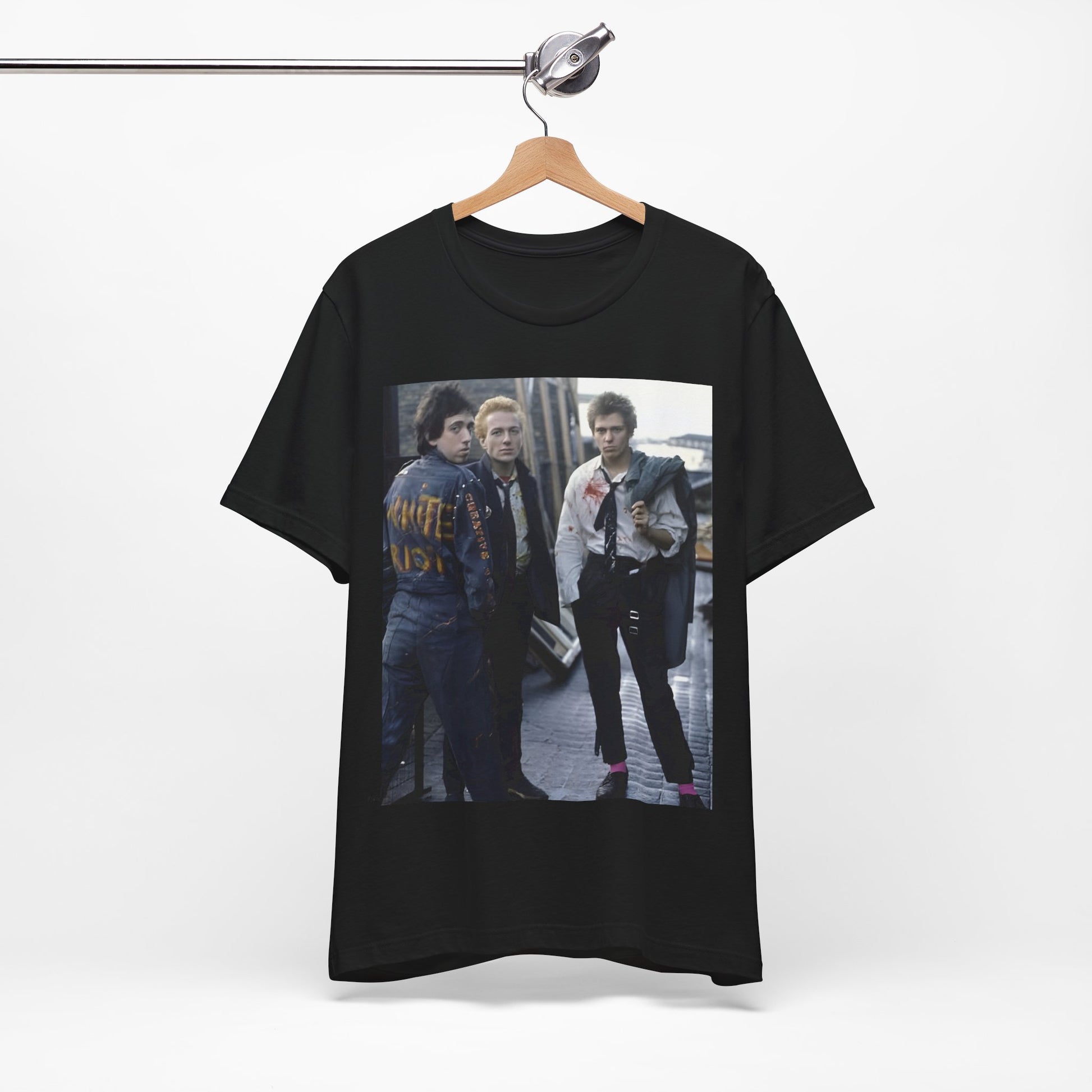 A black graphic t-shirt featuring a graphic of The Clash with a fearless attitude.