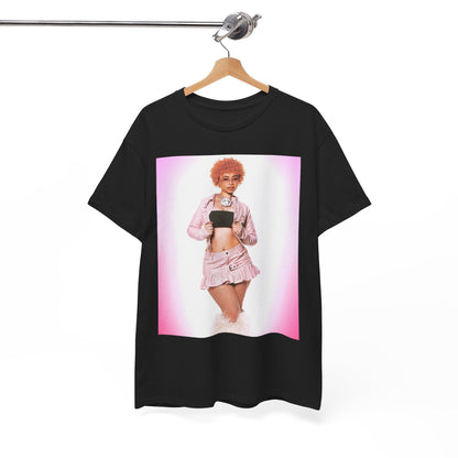 A black graphic t-shirt featuring a graphic of Ice Spice with prominent neon pink aesthetic elements.
