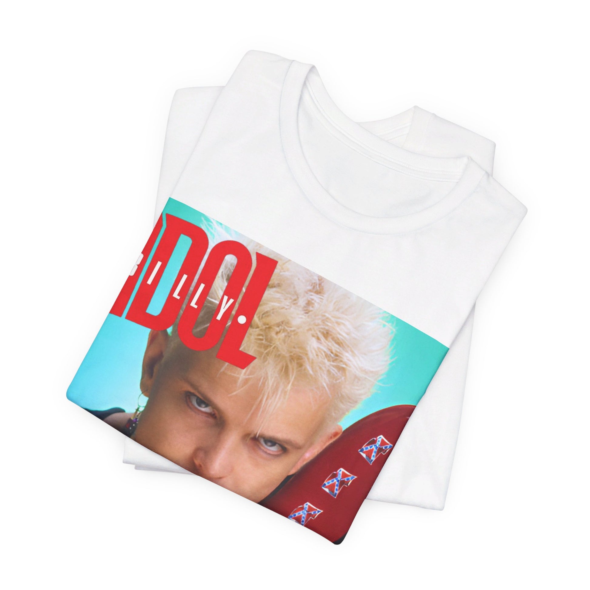 A black graphic t-shirt featuring a retro 80s graphic related to Billy Idol's 'Don't Stop' era or song.