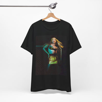 A black graphic t-shirt featuring a neon pop art style graphic of Ava Max, with bright, glowing colors and possibly a 'Pop Queen' title.