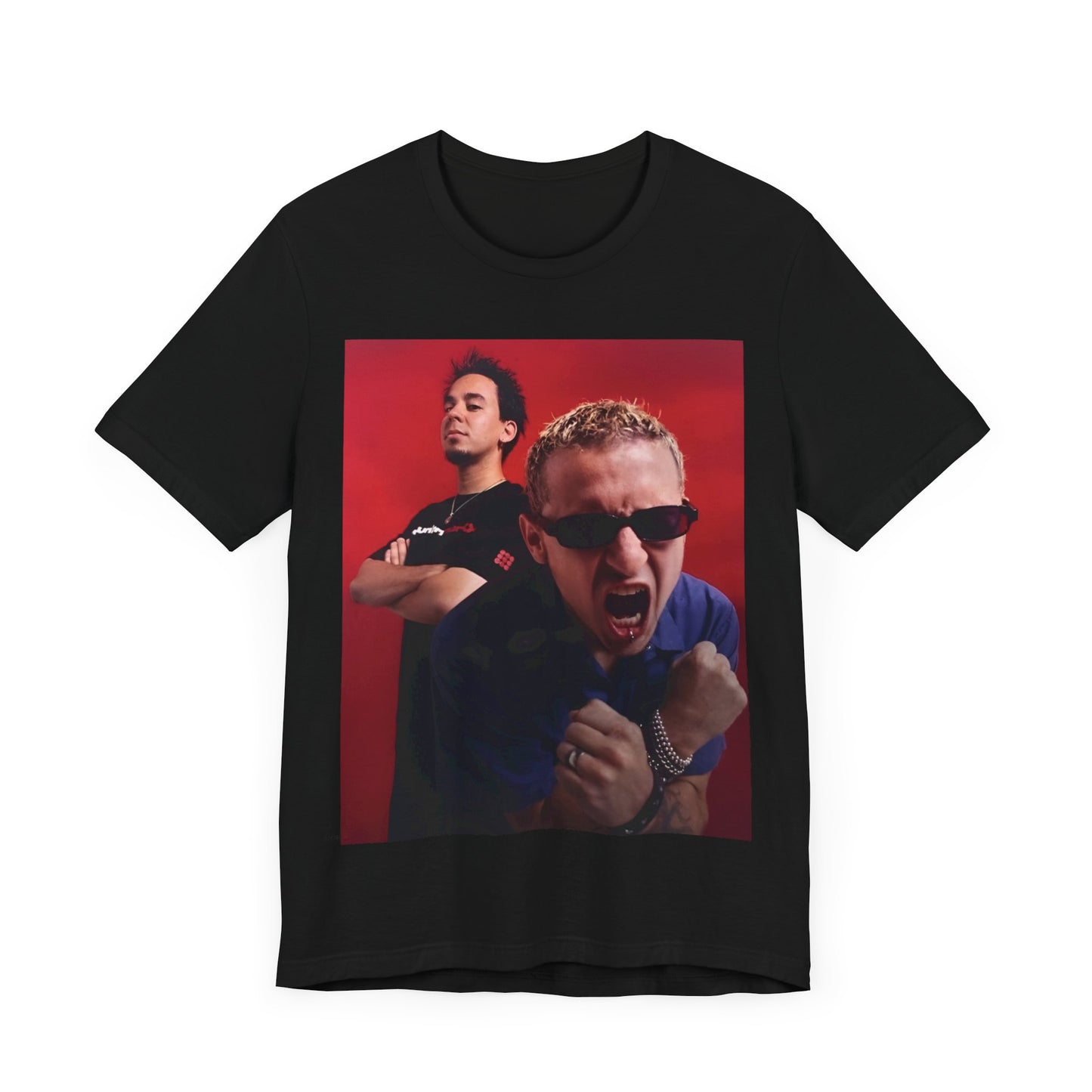 A black graphic t-shirt featuring a 2000s alt-rock aesthetic graphic of Linkin Park.