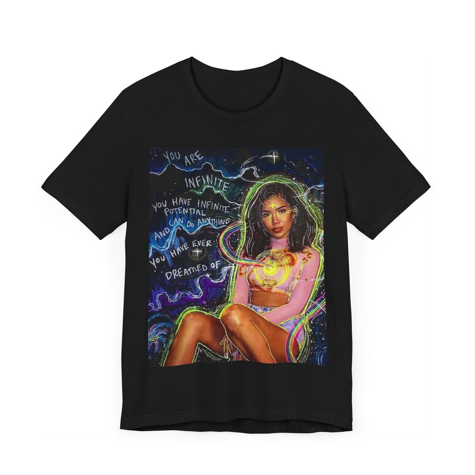 A black graphic t-shirt featuring a bold graphic of Jhene Aiko as an R&B superstar.