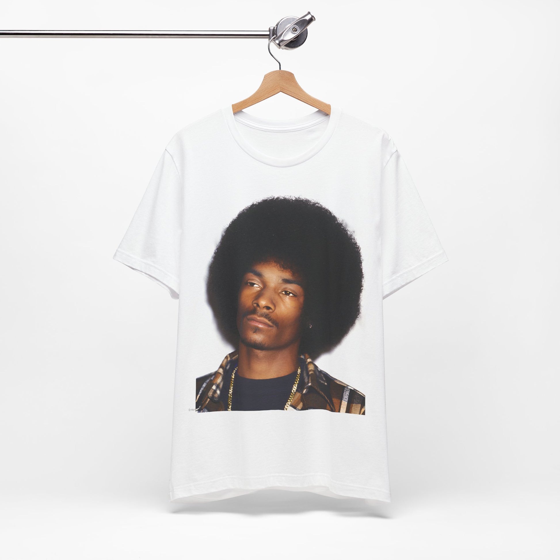 A black graphic t-shirt featuring a 90s vintage hip hop icon graphic of Snoop Dogg.