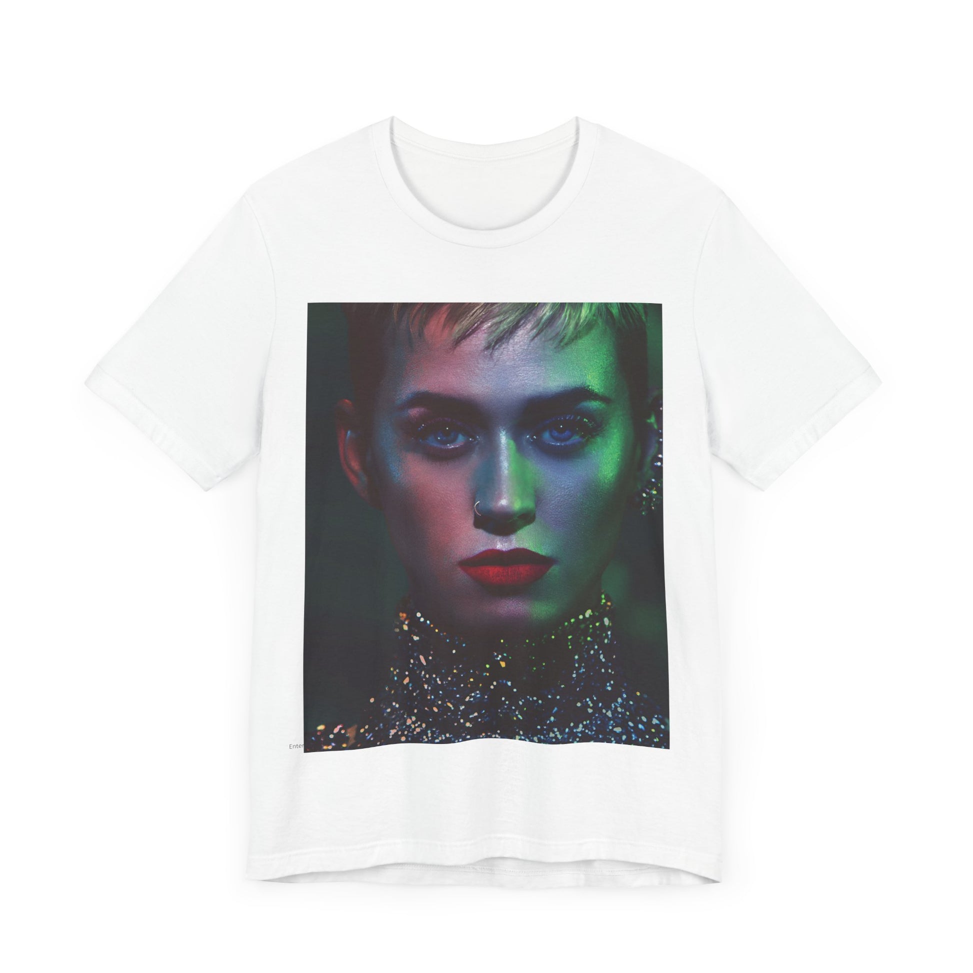 A black graphic t-shirt featuring a neon aesthetic graphic of Katy Perry.