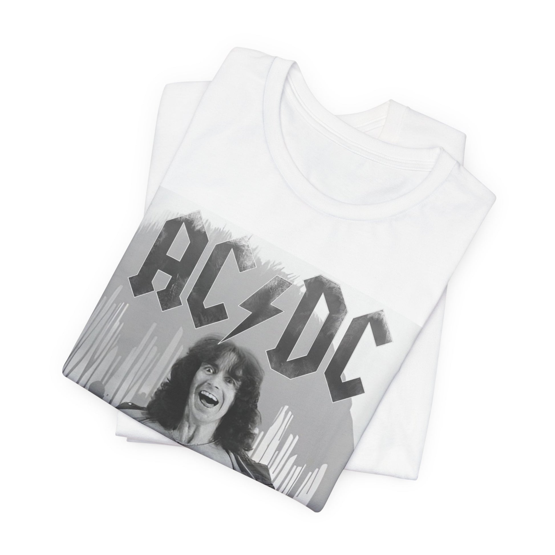 A vintage-style graphic of AC/DC's original frontman, Bon Scott, printed on a t-shirt.