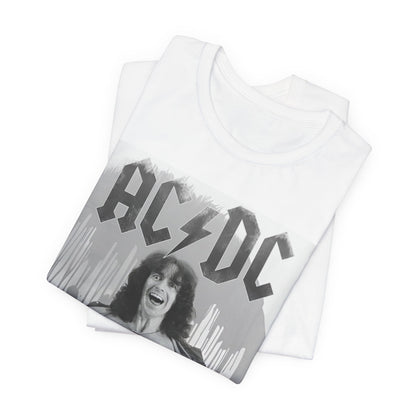 A vintage-style graphic of AC/DC's original frontman, Bon Scott, printed on a t-shirt.