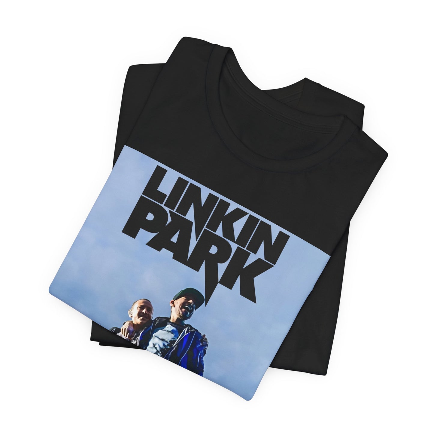 A black graphic t-shirt featuring a retro graphic related to Linkin Park's 'Hybrid Theory' album era.