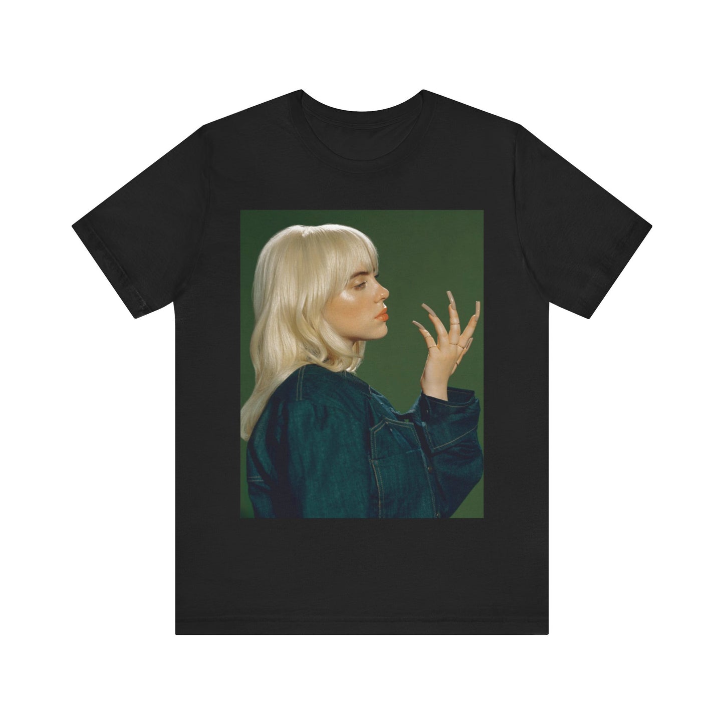 A vintage-style portrait of Billie Eilish with platinum blonde hair and long nails, wearing a denim jacket against a green background.
