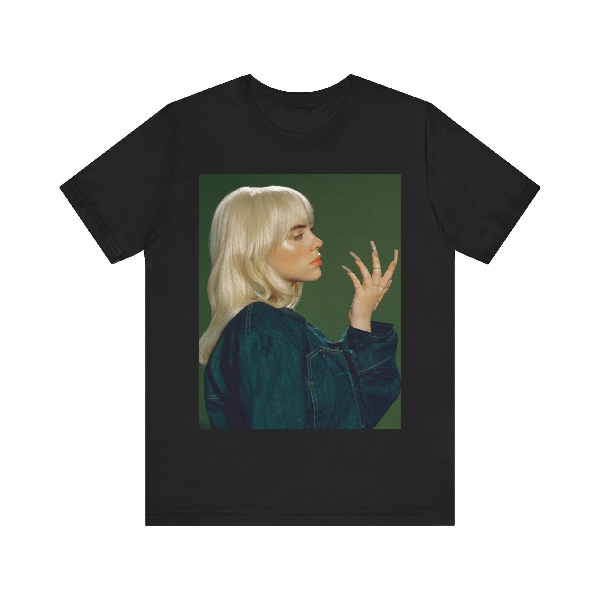A vintage-style portrait of Billie Eilish with platinum blonde hair and long nails, wearing a denim jacket against a green background.