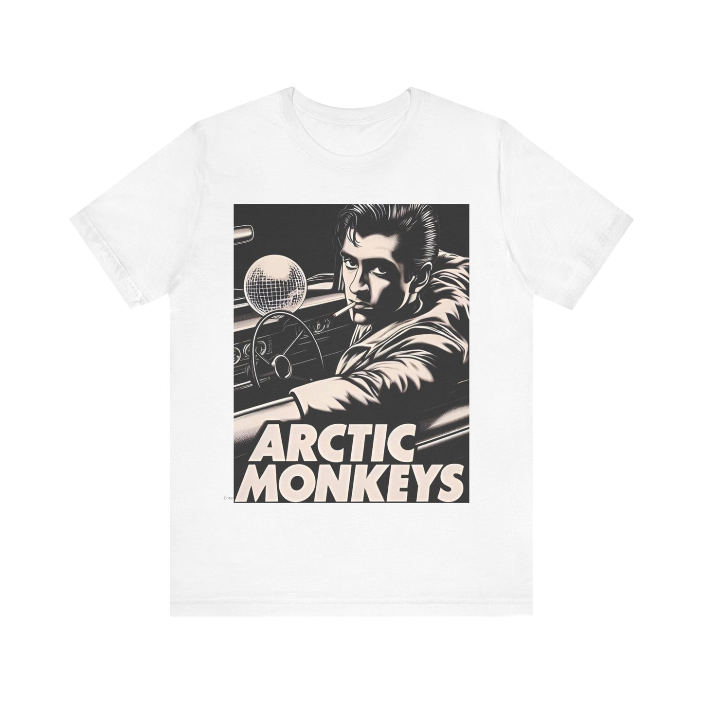 A black graphic t-shirt featuring a graphic of Arctic Monkeys from the 2000s, evoking an indie rock aesthetic.