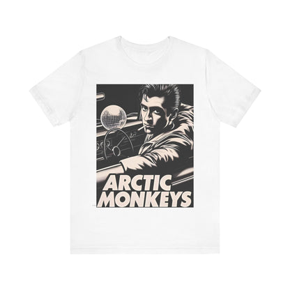 A black graphic t-shirt featuring a graphic of Arctic Monkeys from the 2000s, evoking an indie rock aesthetic.