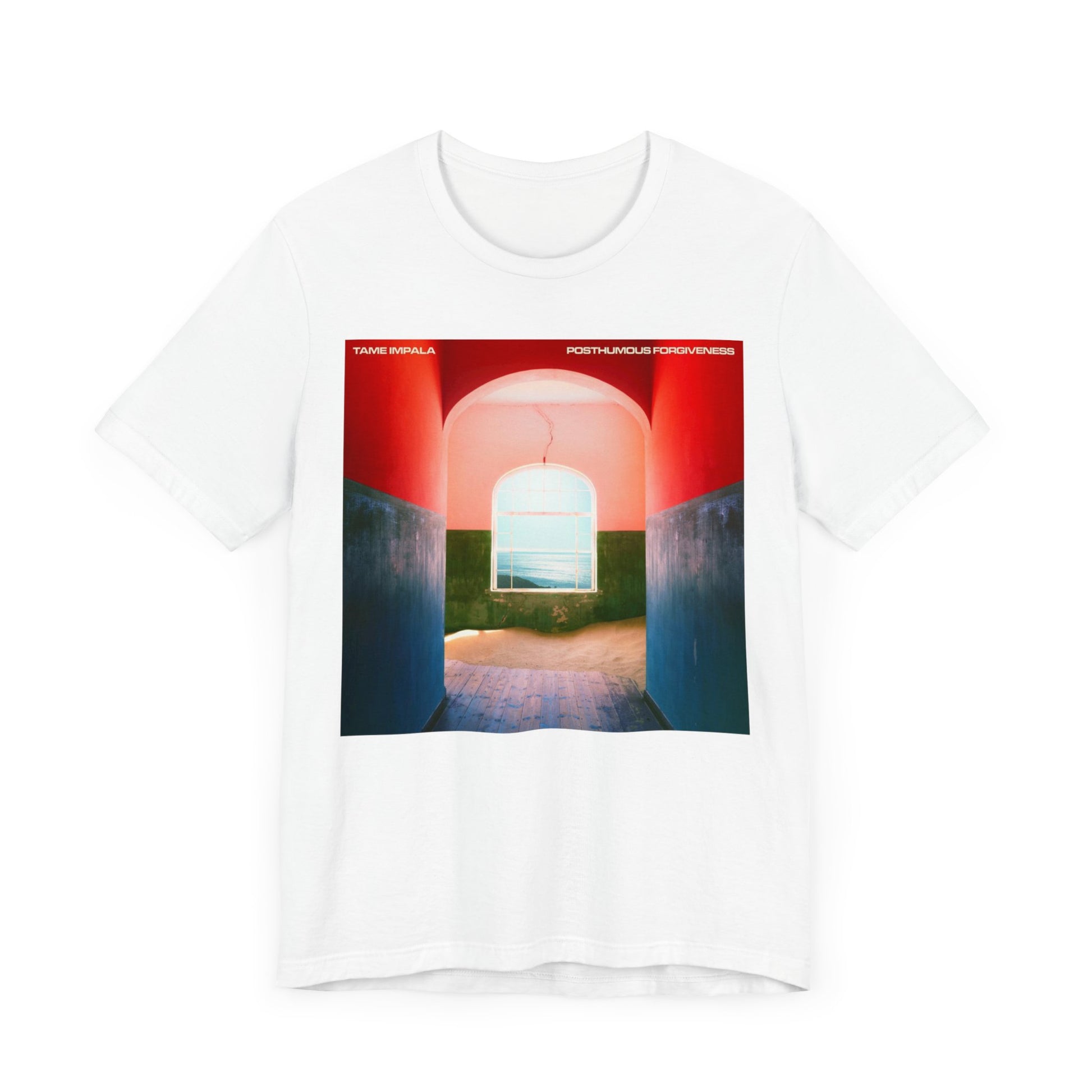 A black graphic t-shirt featuring a graphic related to Tame Impala's song 'Posthumous Forgiveness'.