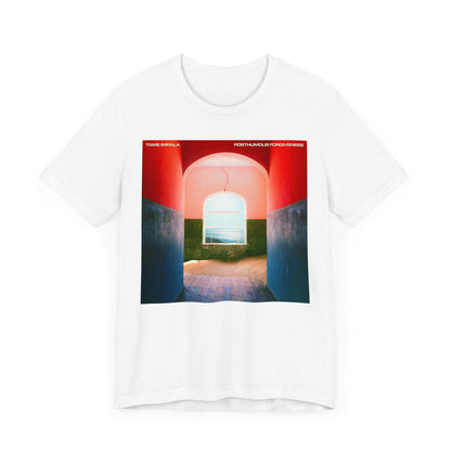 A black graphic t-shirt featuring a graphic related to Tame Impala's song 'Posthumous Forgiveness'.