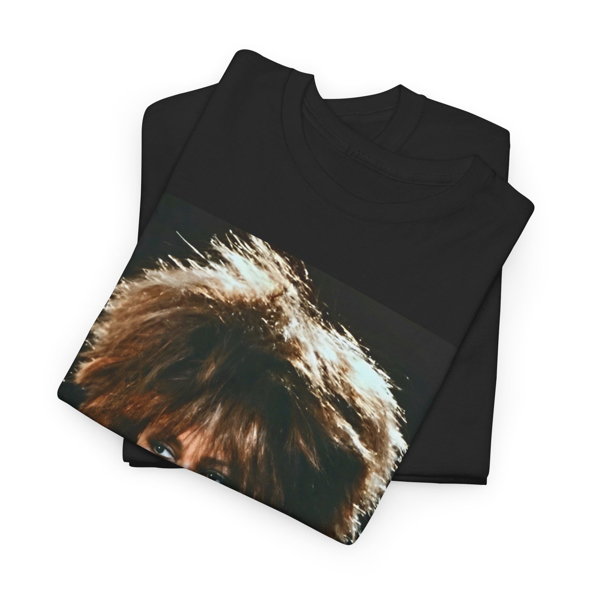 A black graphic t-shirt featuring a graphic of Tina Turner as the Queen of Rock & Roll.