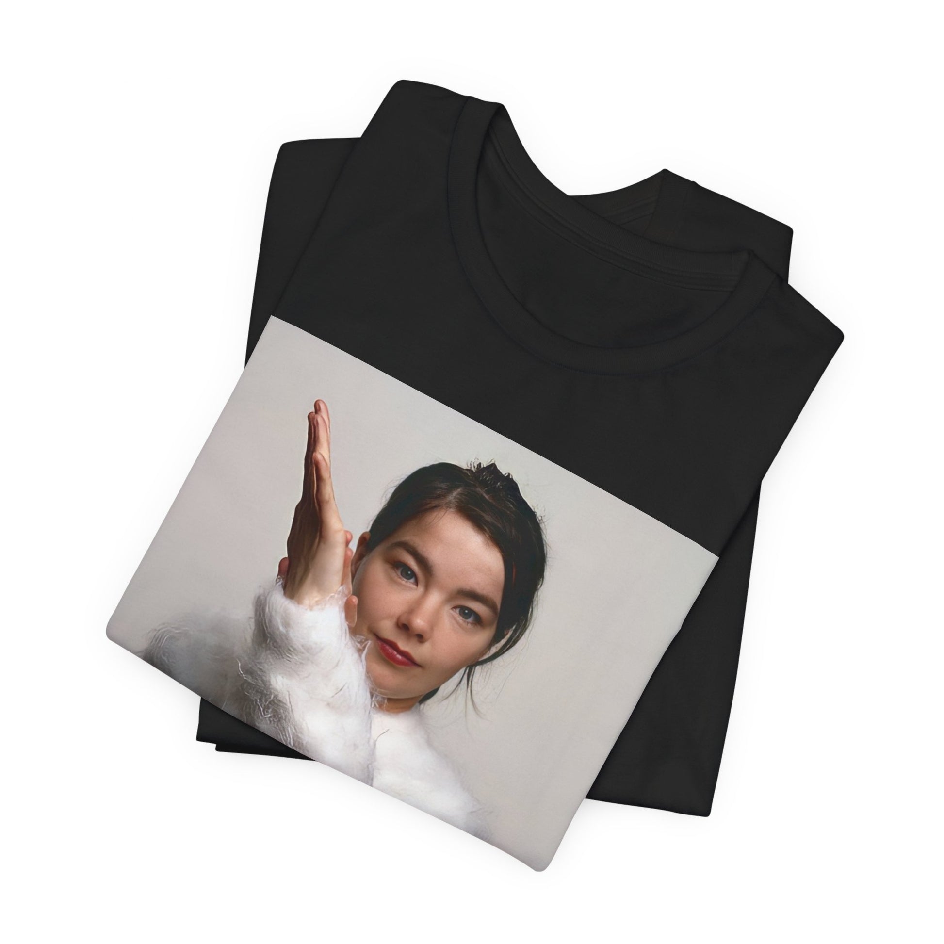 A black graphic t-shirt featuring a classic indie music graphic of Bjork.