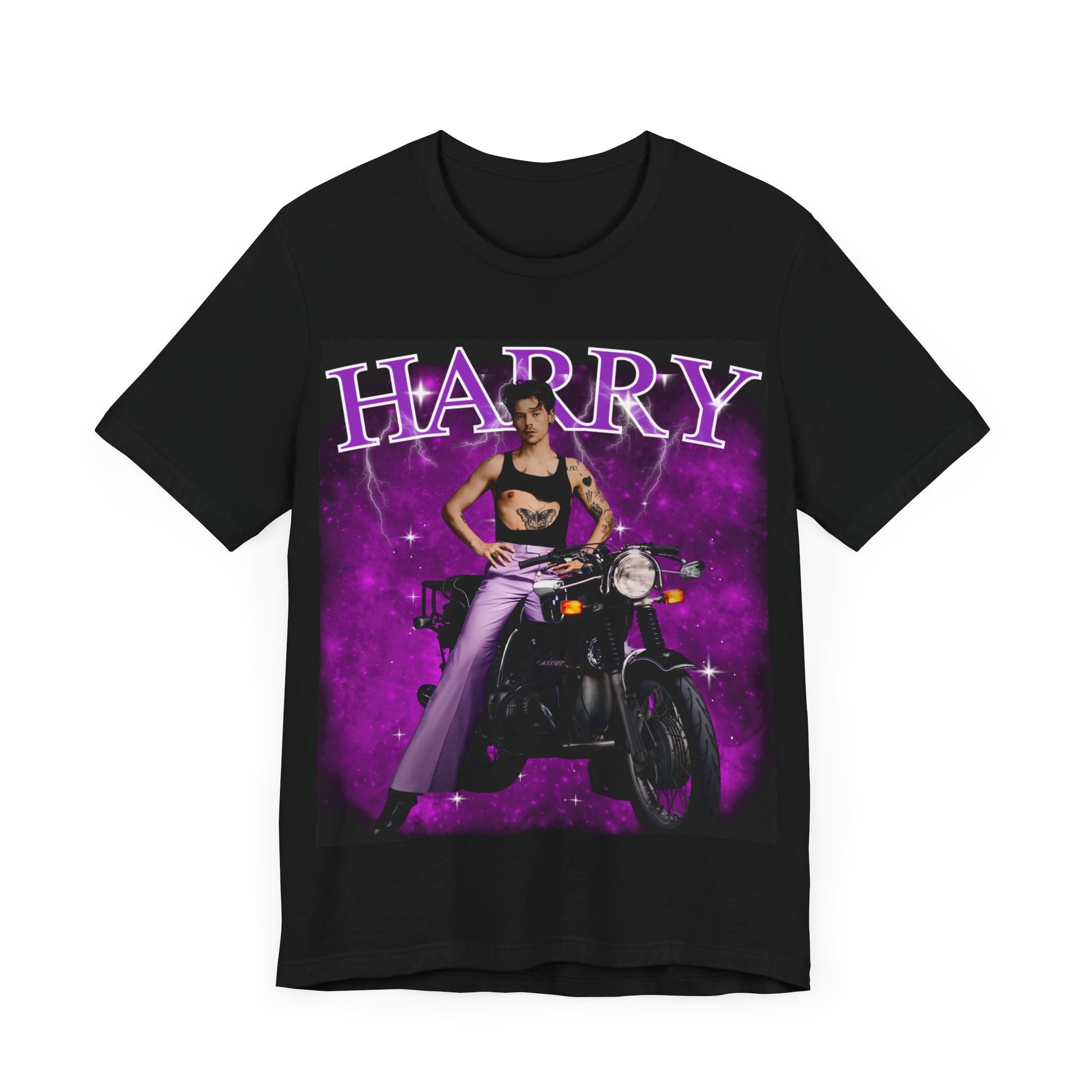 A black graphic t-shirt featuring a neon bootleg graphic of Harry Styles.