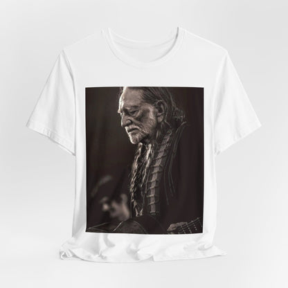 A black graphic t-shirt featuring a vintage country legend graphic of Willie Nelson.