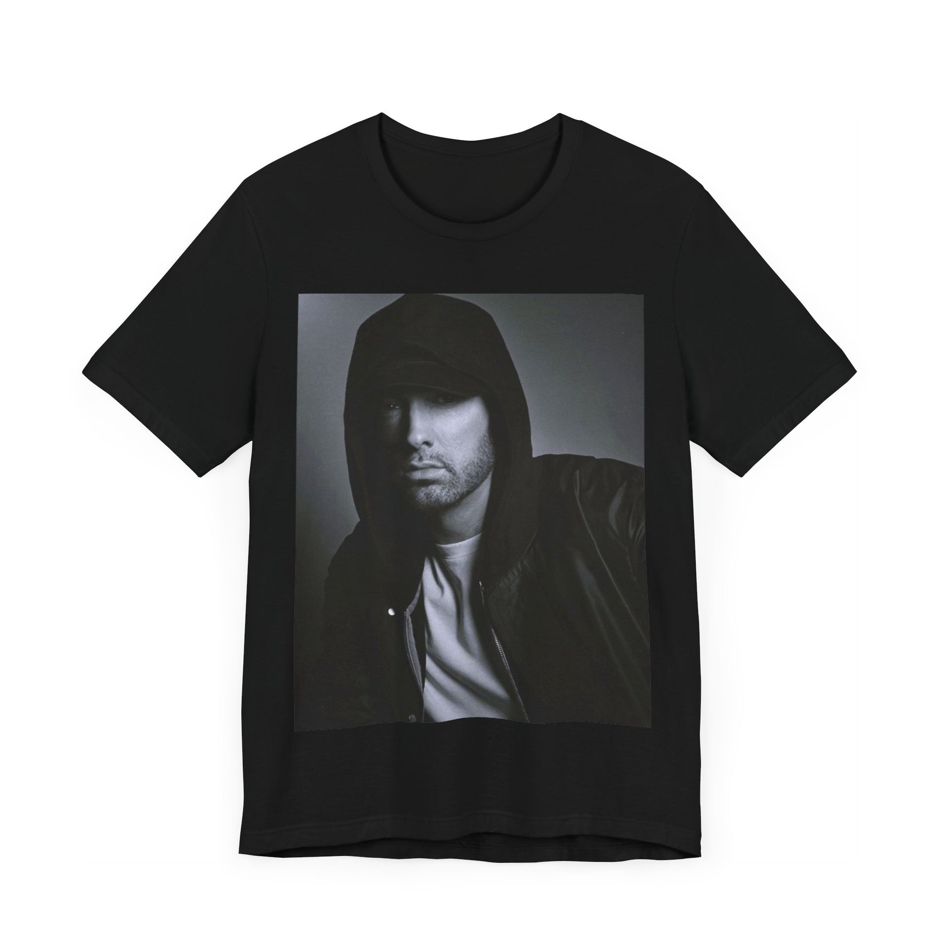 A black graphic t-shirt featuring a black and white, monochrome graphic or photo of Eminem.