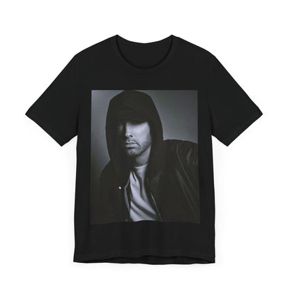 A black graphic t-shirt featuring a black and white, monochrome graphic or photo of Eminem.