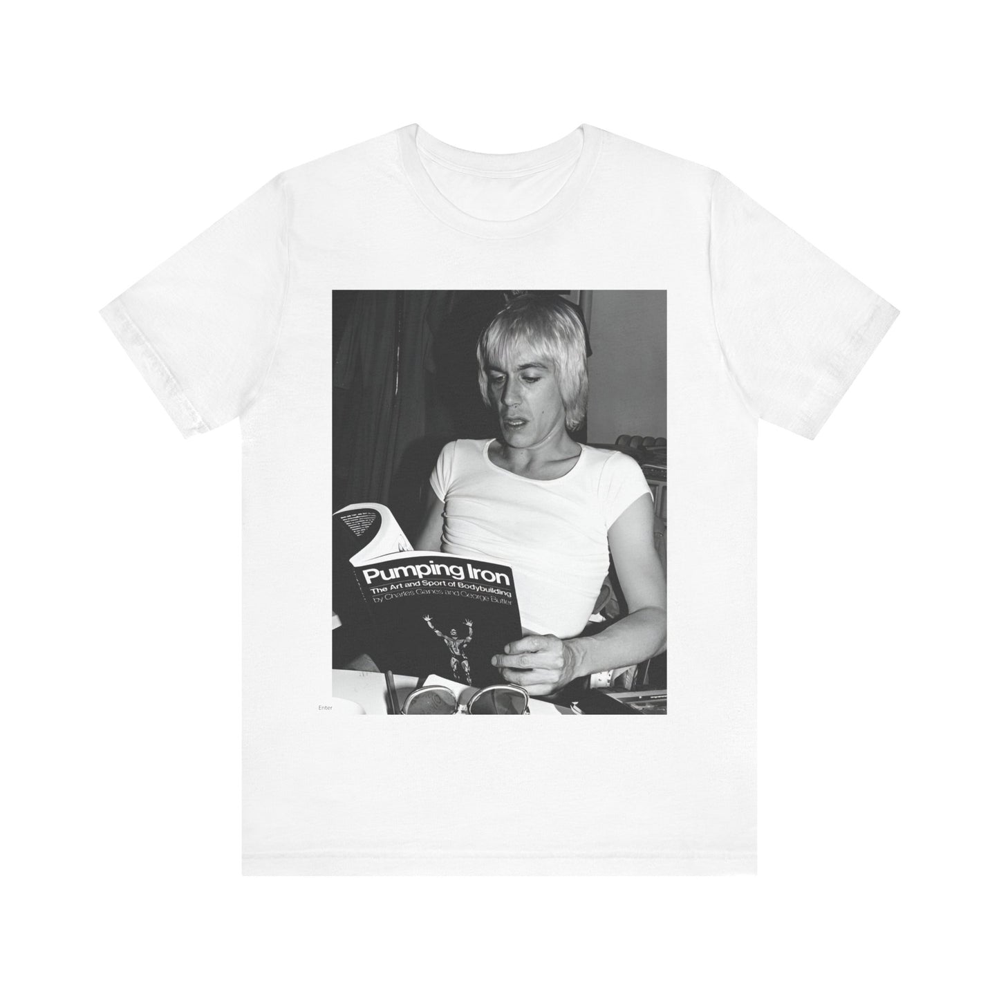 A black graphic t-shirt featuring a 70s classic photo of Iggy Pop and The Stooges.
