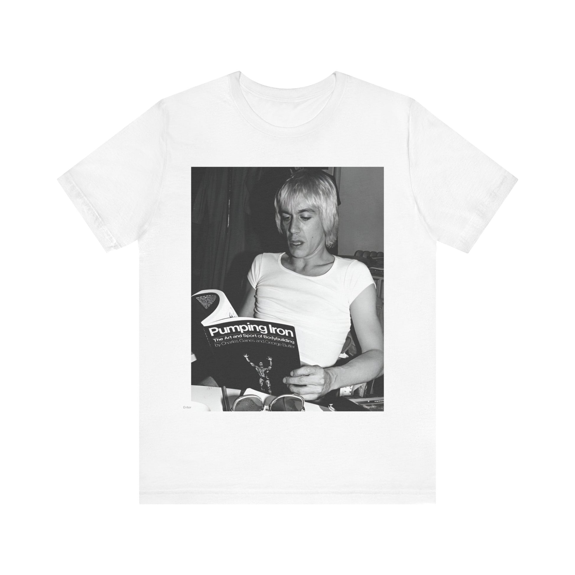 A black graphic t-shirt featuring a 70s classic photo of Iggy Pop and The Stooges.